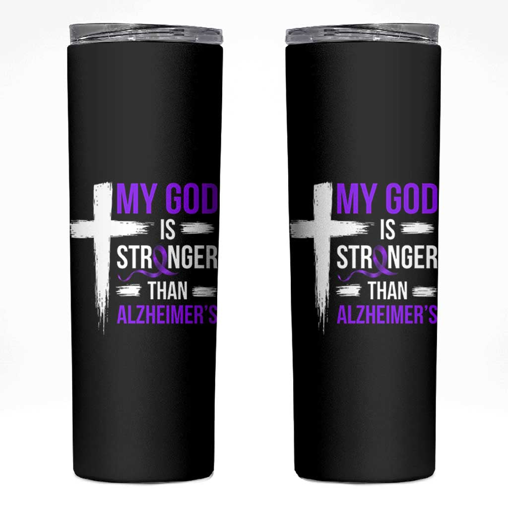 My God Is Stronger Than Alzheimers Skinny Tumbler Christian Purple Ribbon Faith Support