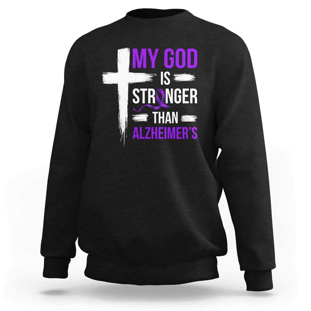My God Is Stronger Than Alzheimers Sweatshirt Christian Purple Ribbon Faith Support