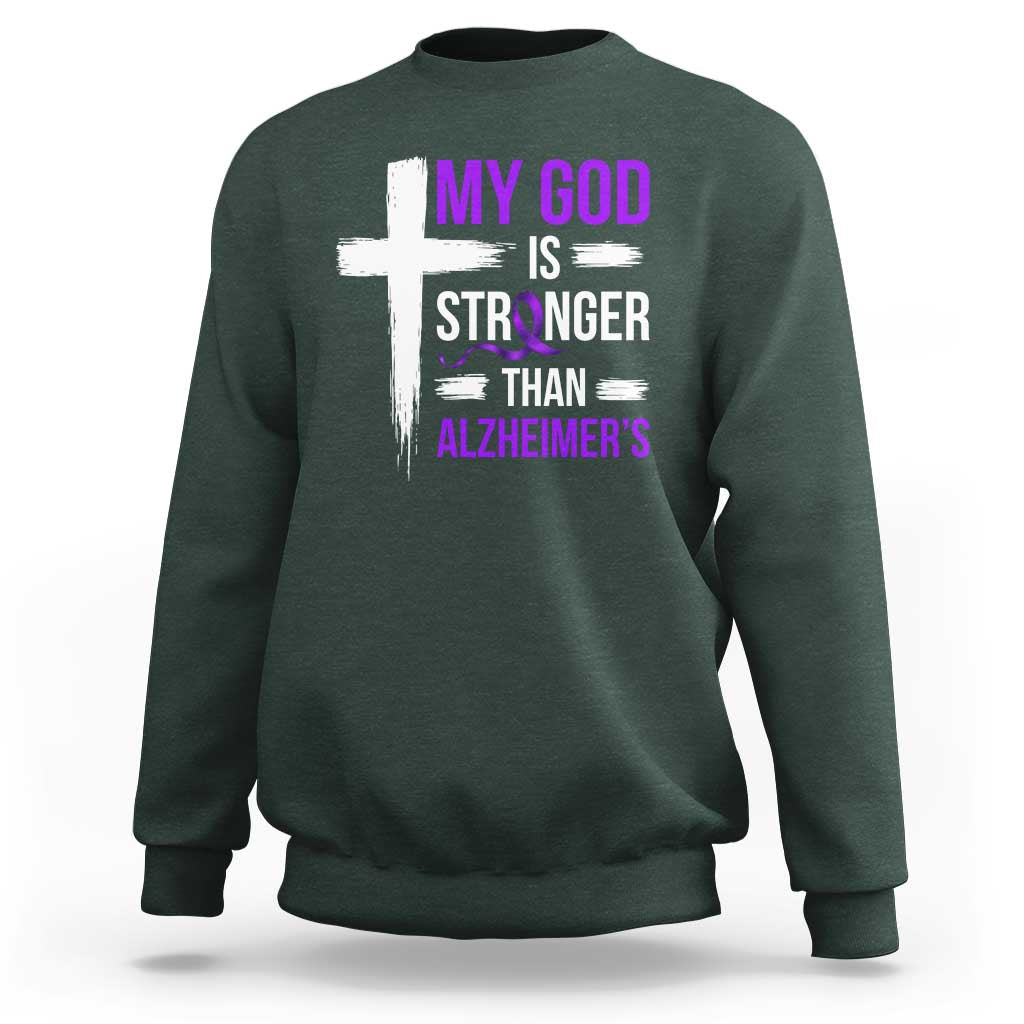 My God Is Stronger Than Alzheimers Sweatshirt Christian Purple Ribbon Faith Support