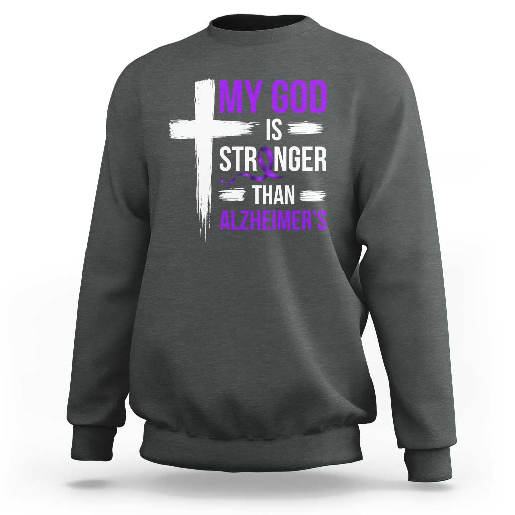 My God Is Stronger Than Alzheimers Sweatshirt Christian Purple Ribbon Faith Support