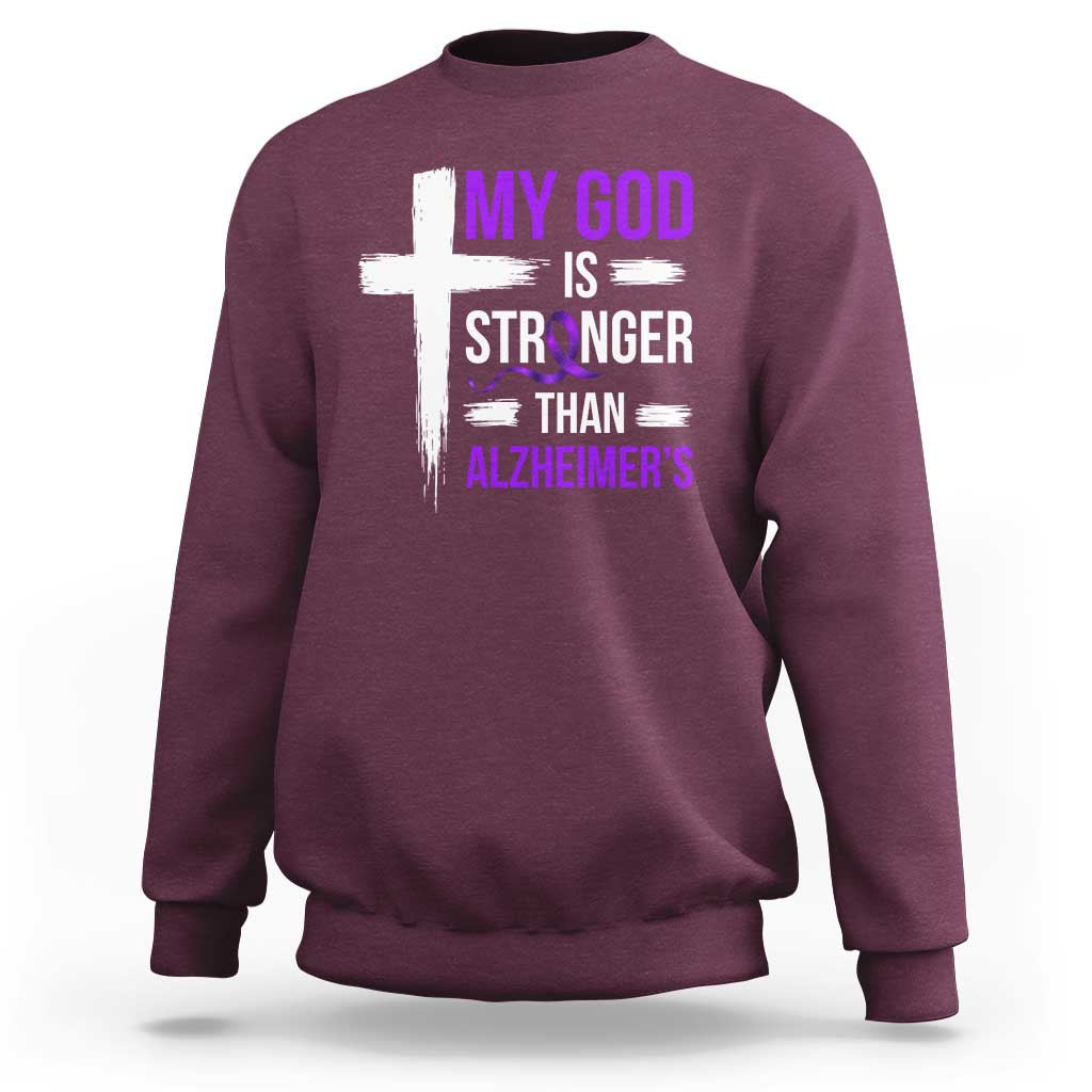My God Is Stronger Than Alzheimers Sweatshirt Christian Purple Ribbon Faith Support