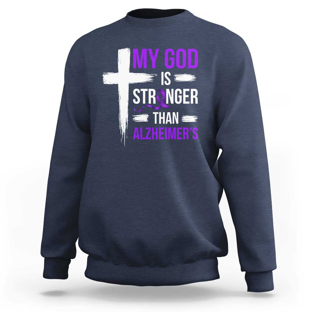 My God Is Stronger Than Alzheimers Sweatshirt Christian Purple Ribbon Faith Support