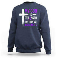 My God Is Stronger Than Alzheimers Sweatshirt Christian Purple Ribbon Faith Support