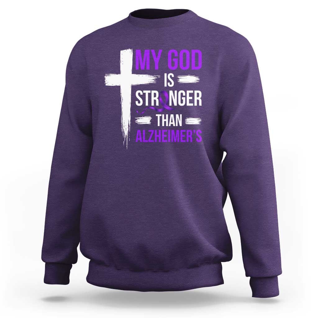 My God Is Stronger Than Alzheimers Sweatshirt Christian Purple Ribbon Faith Support