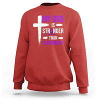 My God Is Stronger Than Alzheimers Sweatshirt Christian Purple Ribbon Faith Support