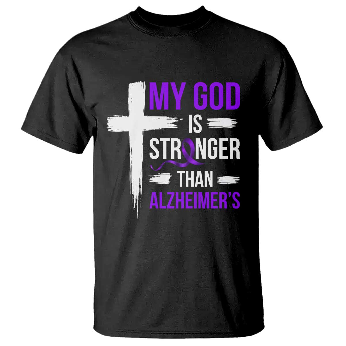 My God Is Stronger Than Alzheimers T Shirt Christian Purple Ribbon Faith Support