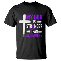 My God Is Stronger Than Alzheimers T Shirt Christian Purple Ribbon Faith Support