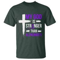 My God Is Stronger Than Alzheimers T Shirt Christian Purple Ribbon Faith Support