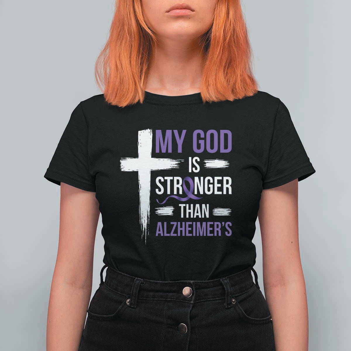 My God Is Stronger Than Alzheimers T Shirt For Women Christian Purple Ribbon Faith Support