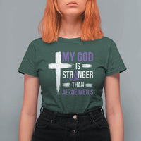 My God Is Stronger Than Alzheimers T Shirt For Women Christian Purple Ribbon Faith Support