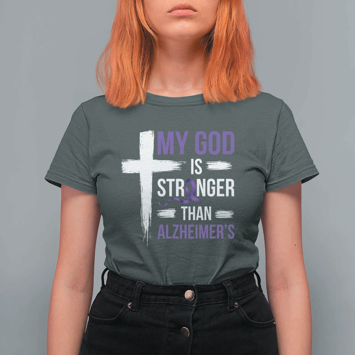 My God Is Stronger Than Alzheimers T Shirt For Women Christian Purple Ribbon Faith Support