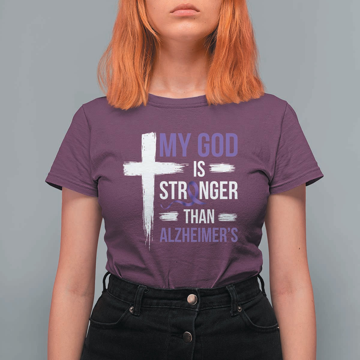 My God Is Stronger Than Alzheimers T Shirt For Women Christian Purple Ribbon Faith Support