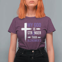 My God Is Stronger Than Alzheimers T Shirt For Women Christian Purple Ribbon Faith Support