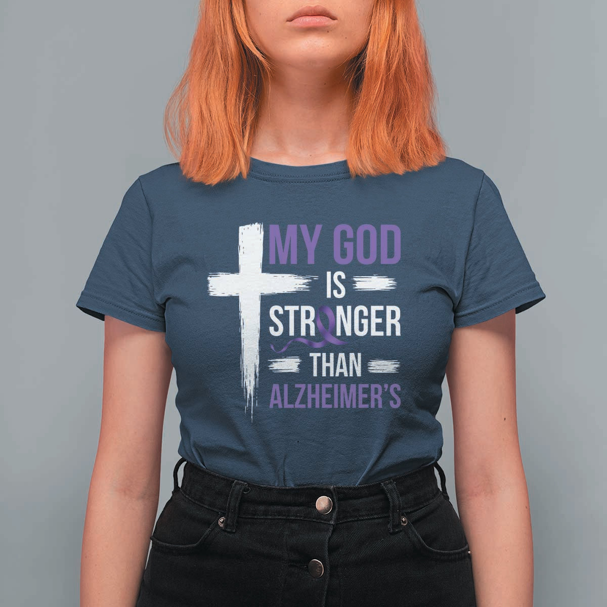 My God Is Stronger Than Alzheimers T Shirt For Women Christian Purple Ribbon Faith Support