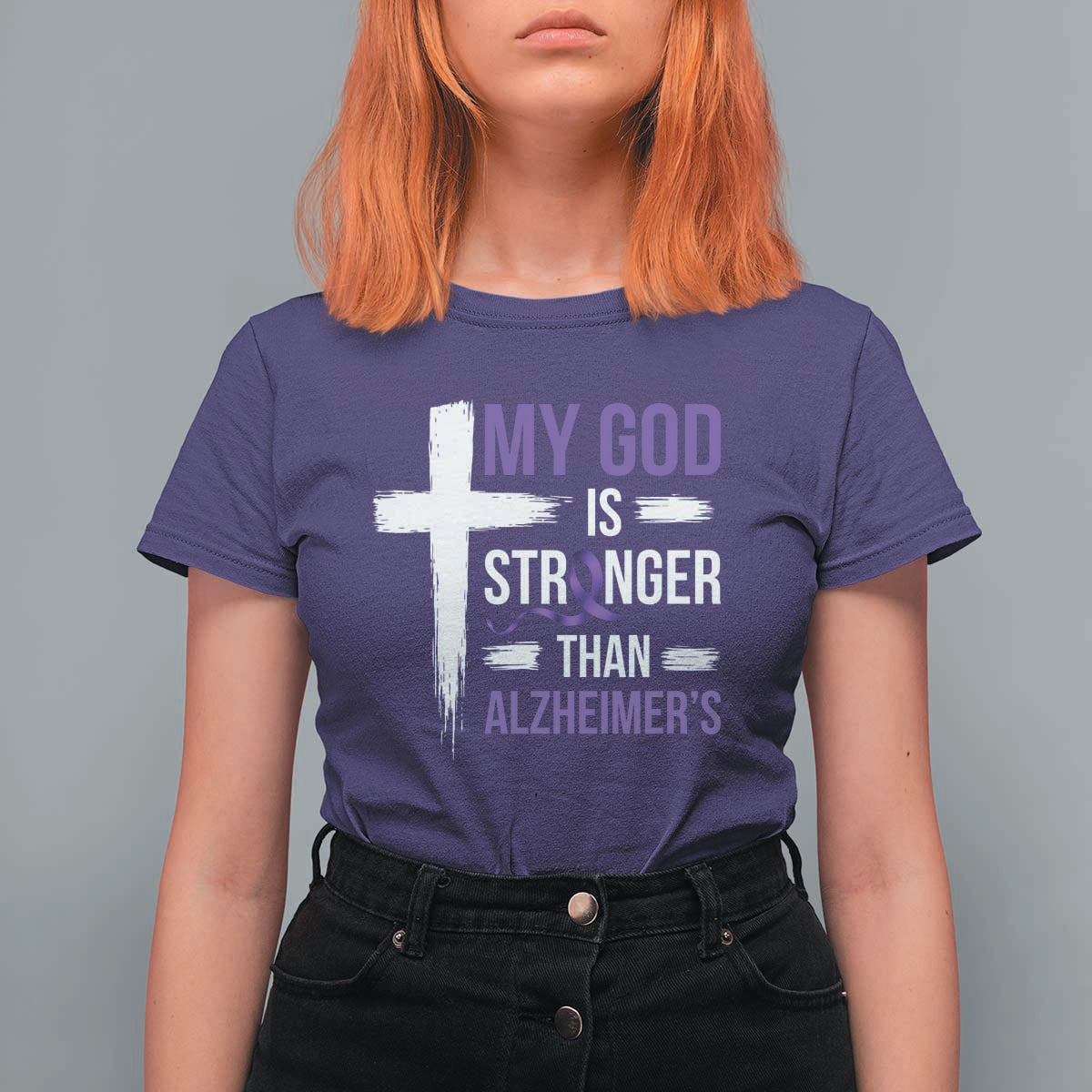 My God Is Stronger Than Alzheimers T Shirt For Women Christian Purple Ribbon Faith Support