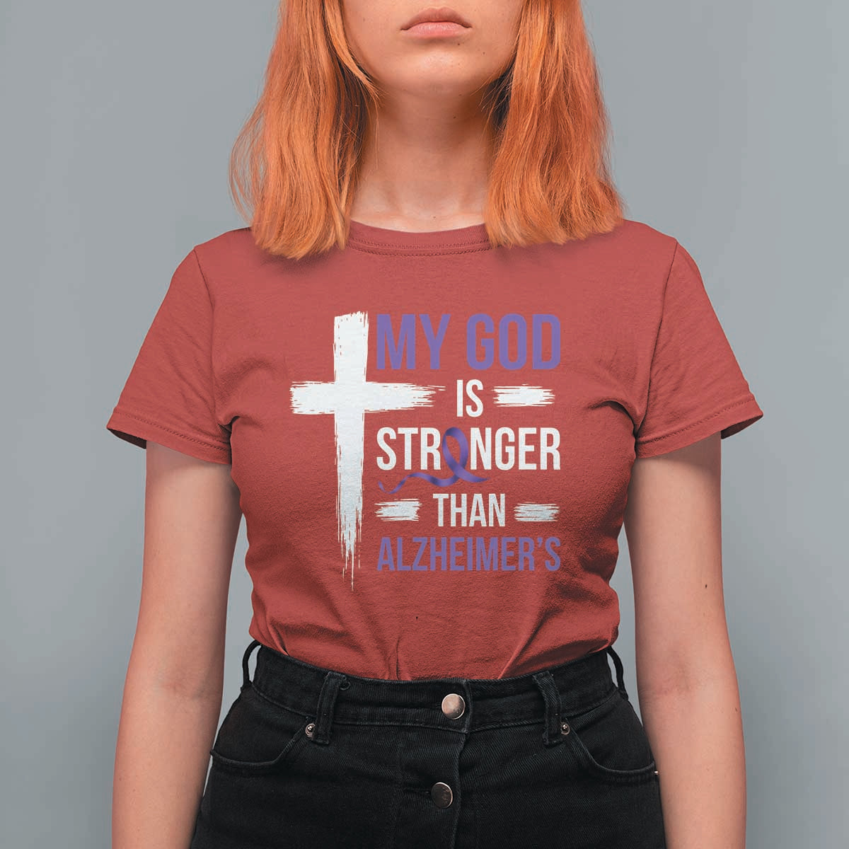 My God Is Stronger Than Alzheimers T Shirt For Women Christian Purple Ribbon Faith Support