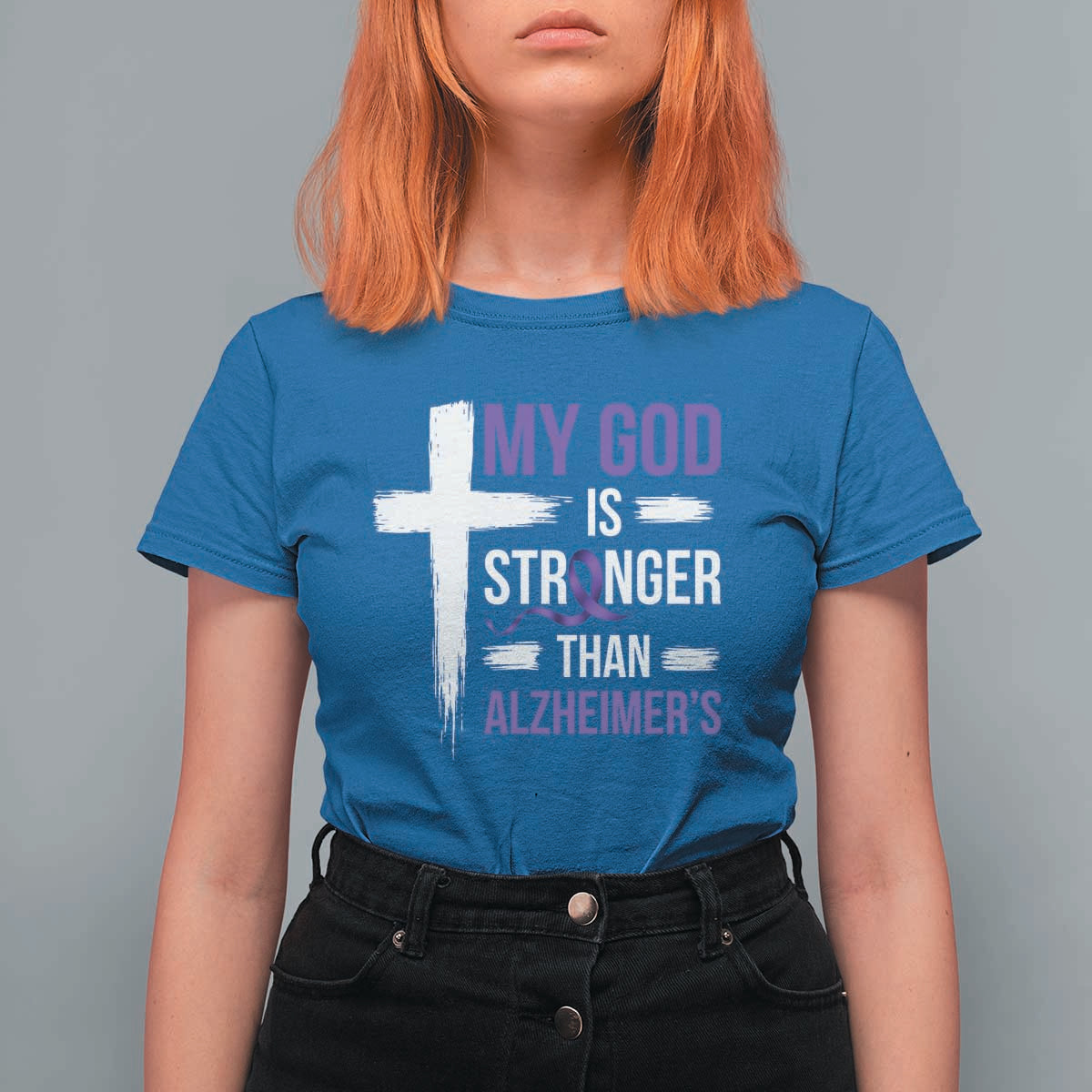 My God Is Stronger Than Alzheimers T Shirt For Women Christian Purple Ribbon Faith Support