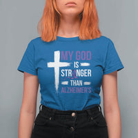 My God Is Stronger Than Alzheimers T Shirt For Women Christian Purple Ribbon Faith Support
