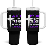 My God Is Stronger Than Alzheimers Tumbler With Handle Christian Purple Ribbon Faith Support