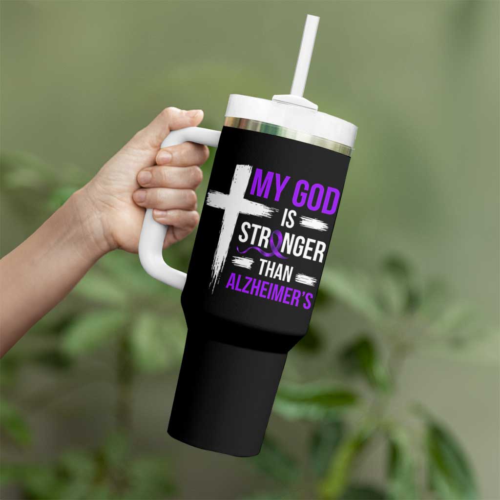 My God Is Stronger Than Alzheimers Tumbler With Handle Christian Purple Ribbon Faith Support