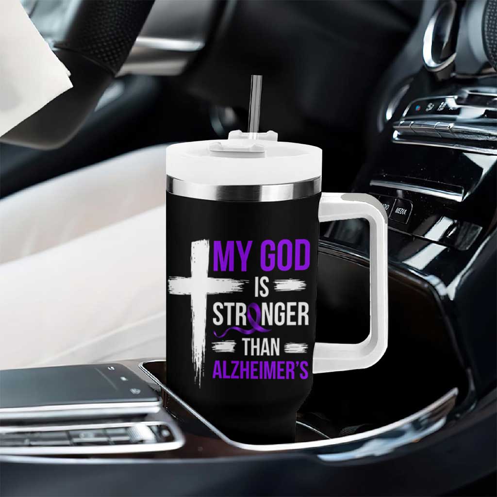 My God Is Stronger Than Alzheimers Tumbler With Handle Christian Purple Ribbon Faith Support