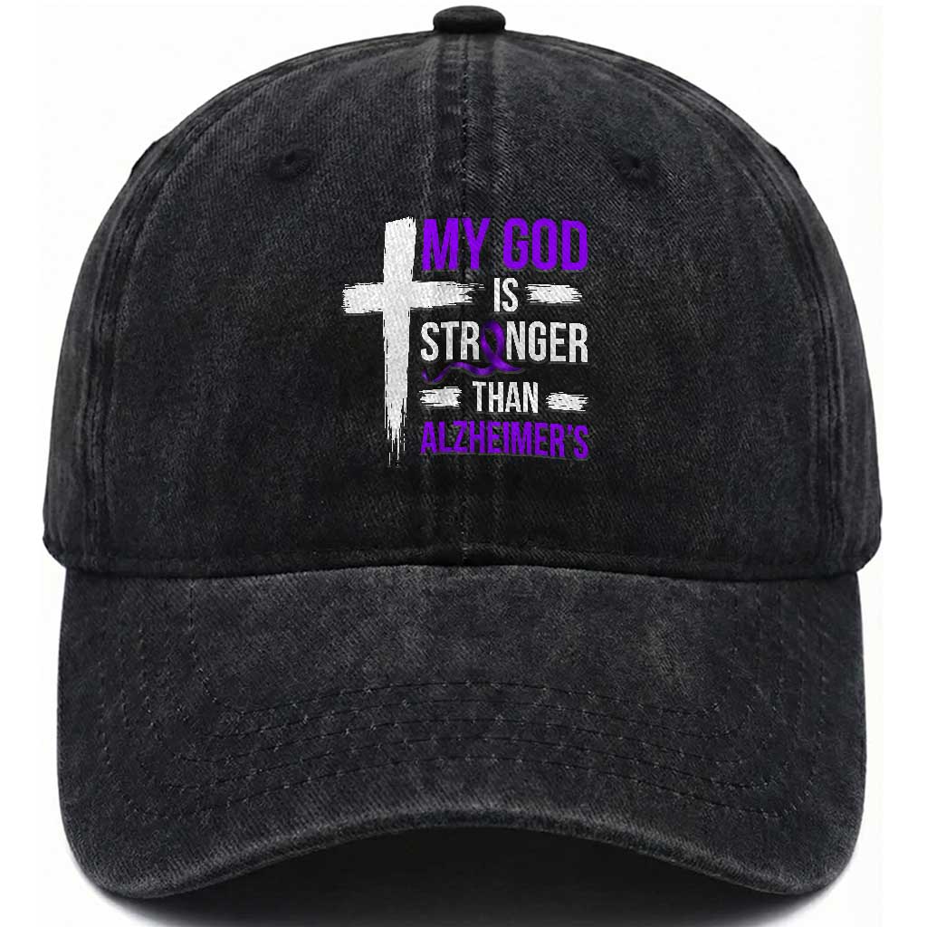 My God Is Stronger Than Alzheimers Washed Cotton Baseball Cap Christian Purple Ribbon Faith Support