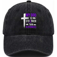 My God Is Stronger Than Alzheimers Washed Cotton Baseball Cap Christian Purple Ribbon Faith Support