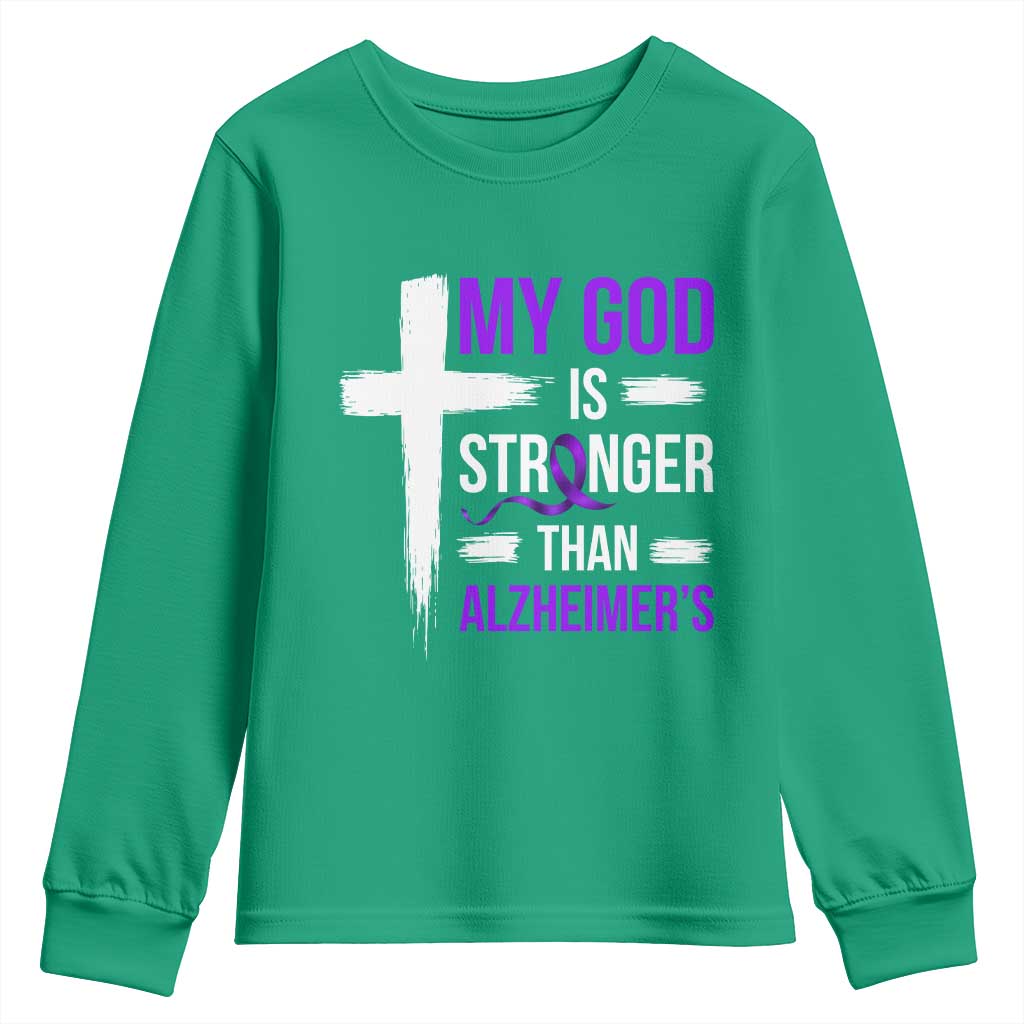 My God Is Stronger Than Alzheimers Youth Sweatshirt Christian Purple Ribbon Faith Support