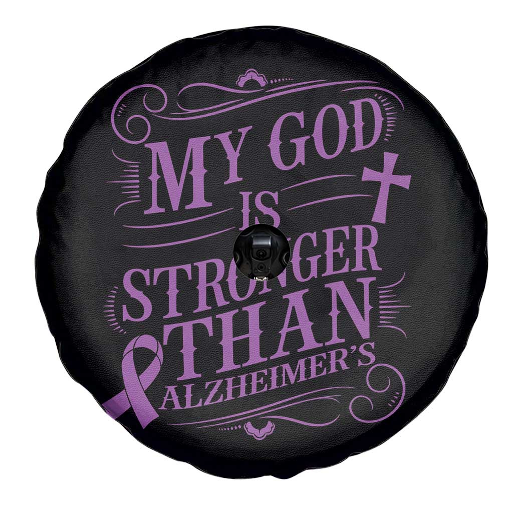 My God Is Stronger Than Alzheimers Spare Tire Cover Faith Hope Purple Ribbon Graphic
