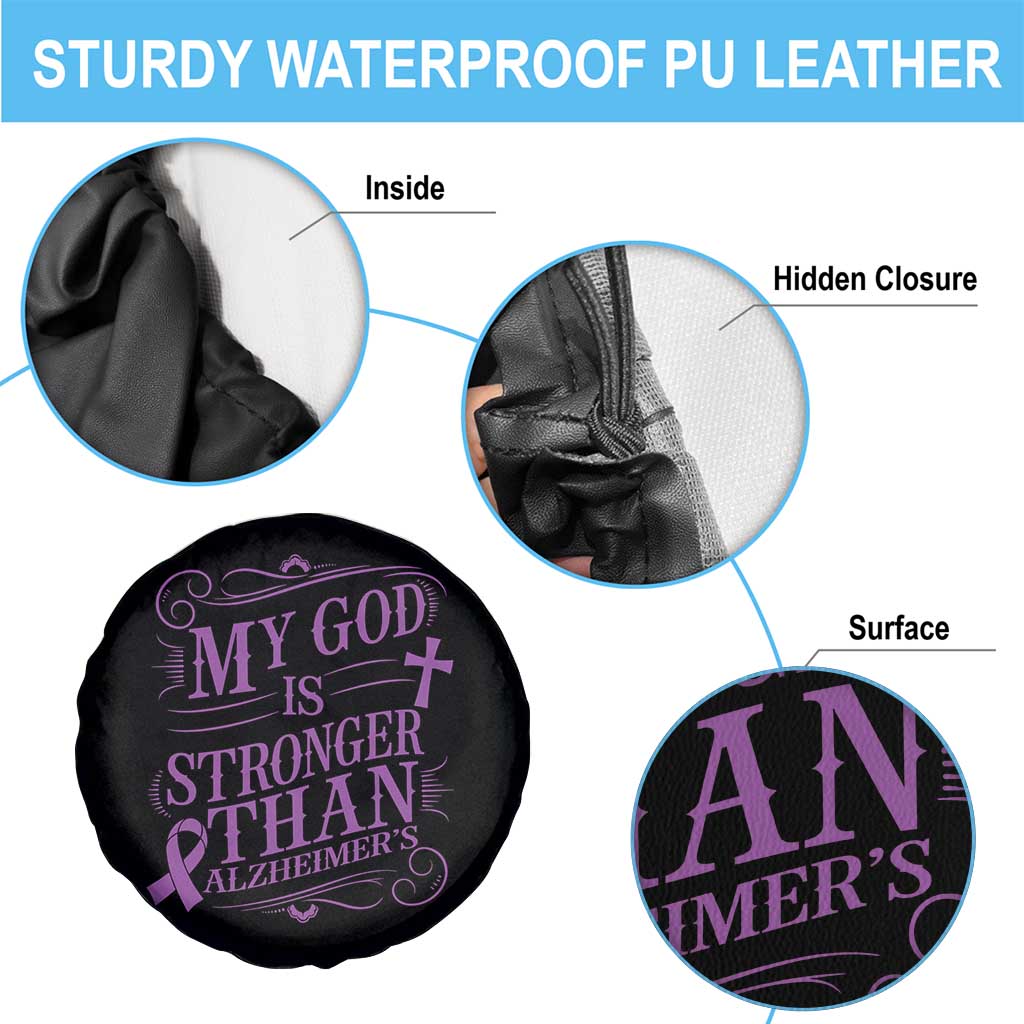 My God Is Stronger Than Alzheimers Spare Tire Cover Faith Hope Purple Ribbon Graphic