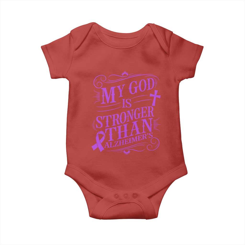 My God Is Stronger Than Alzheimers Baby Onesie Faith Hope Purple Ribbon Graphic