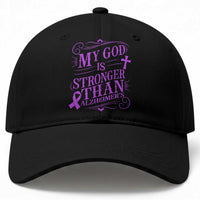 My God Is Stronger Than Alzheimers Baseball Cap Faith Hope Purple Ribbon Graphic
