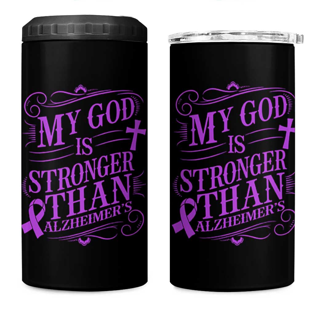 My God Is Stronger Than Alzheimers 4 in 1 Can Cooler Tumbler Faith Hope Purple Ribbon Graphic