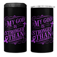 My God Is Stronger Than Alzheimers 4 in 1 Can Cooler Tumbler Faith Hope Purple Ribbon Graphic
