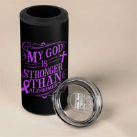 My God Is Stronger Than Alzheimers 4 in 1 Can Cooler Tumbler Faith Hope Purple Ribbon Graphic