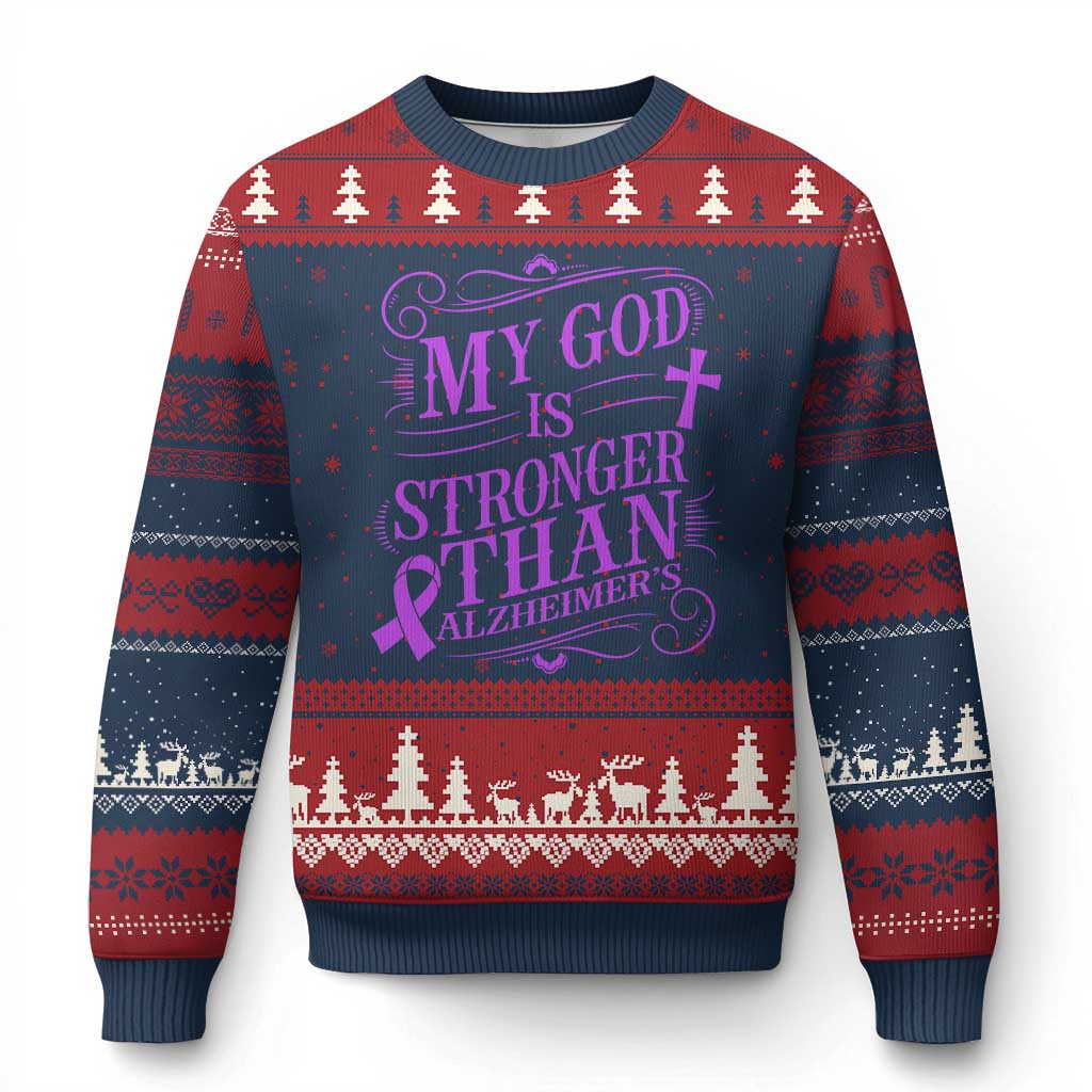 My God Is Stronger Than Alzheimers Ugly Christmas Sweater Faith Hope Purple Ribbon Graphic