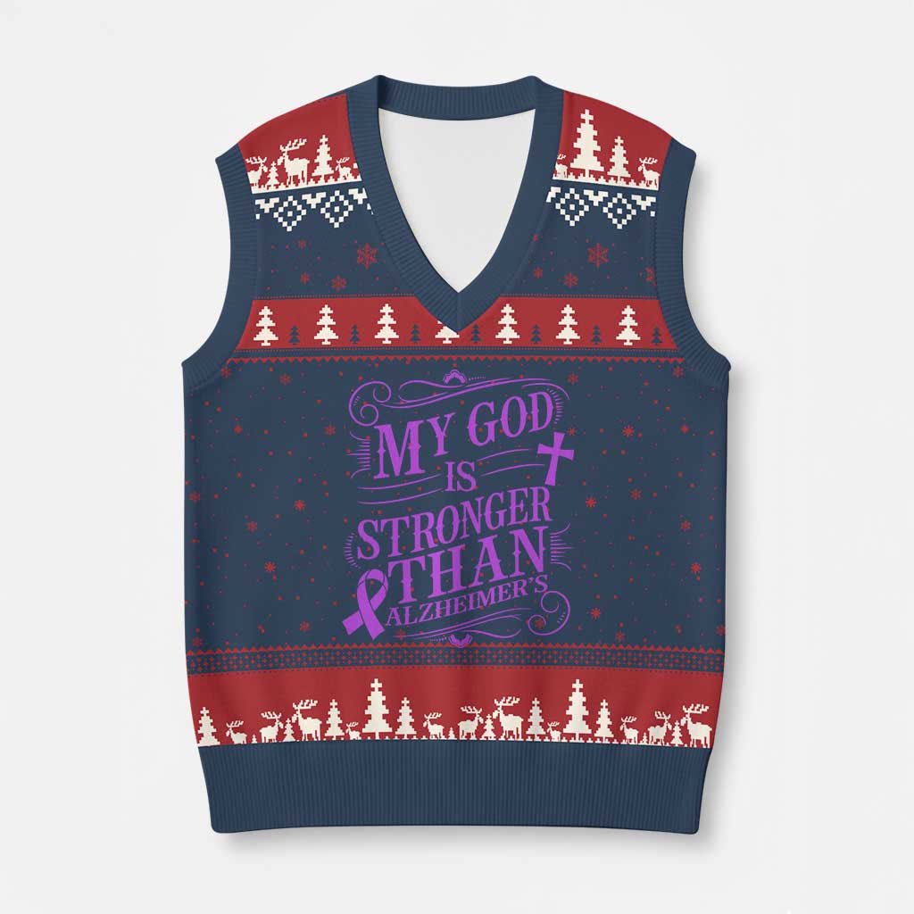 My God Is Stronger Than Alzheimers V-Neck Knit Sweater Vest Faith Hope Purple Ribbon Graphic