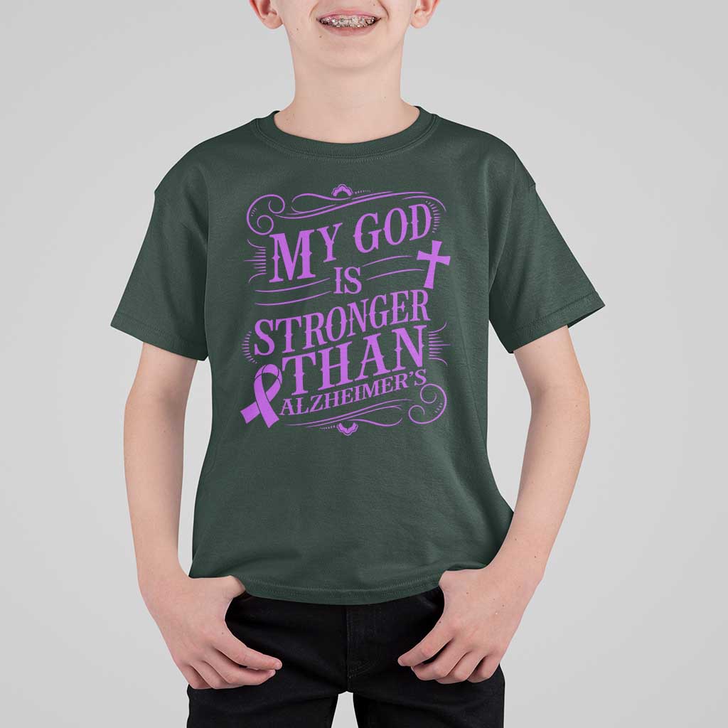 My God Is Stronger Than Alzheimers T Shirt For Kid Faith Hope Purple Ribbon Graphic