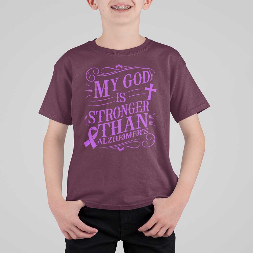 My God Is Stronger Than Alzheimers T Shirt For Kid Faith Hope Purple Ribbon Graphic