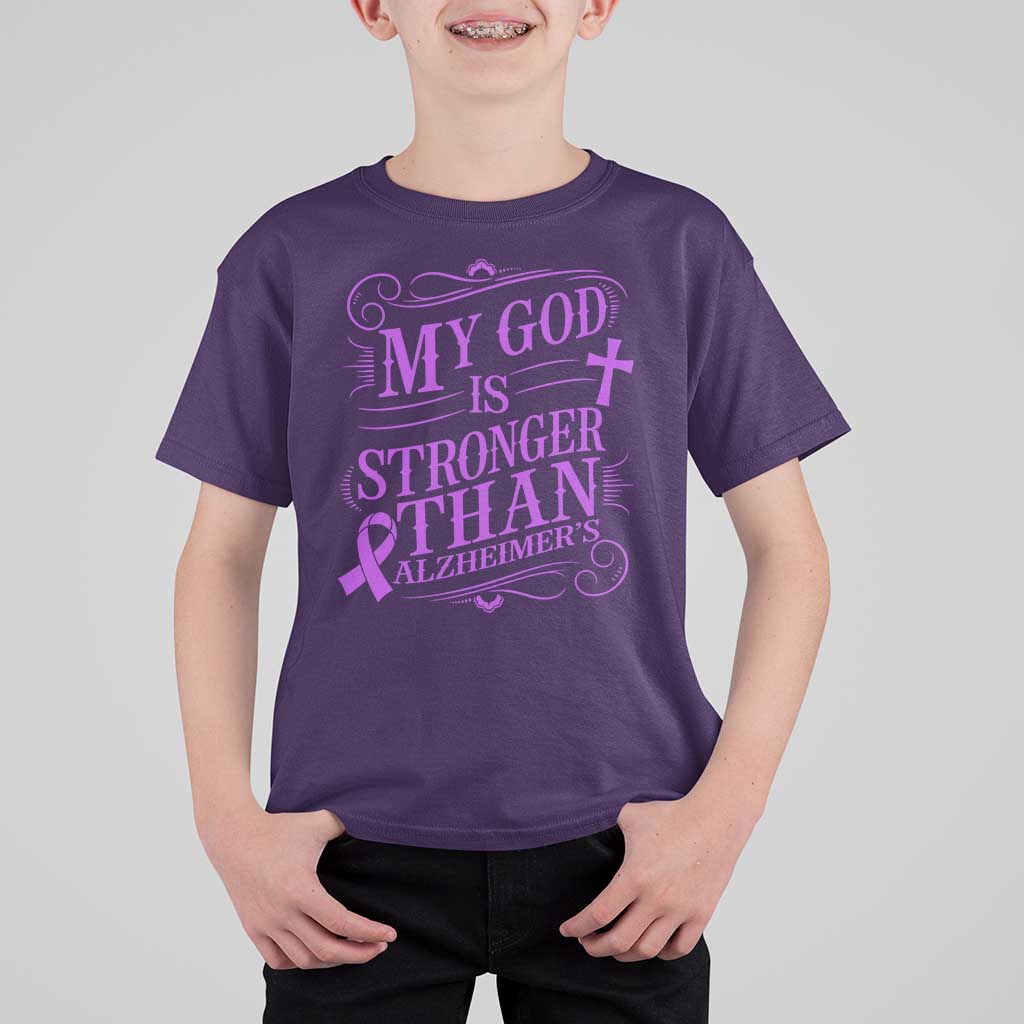 My God Is Stronger Than Alzheimers T Shirt For Kid Faith Hope Purple Ribbon Graphic
