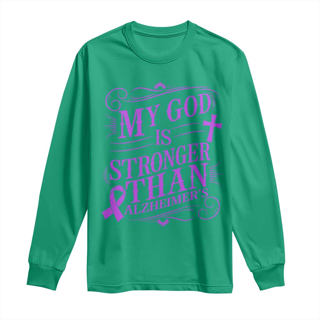 My God Is Stronger Than Alzheimers Long Sleeve Shirt Faith Hope Purple Ribbon Graphic