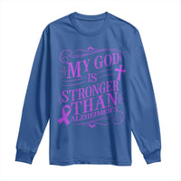 My God Is Stronger Than Alzheimers Long Sleeve Shirt Faith Hope Purple Ribbon Graphic