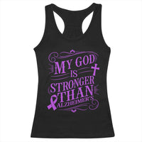 My God Is Stronger Than Alzheimers Racerback Tank Top Faith Hope Purple Ribbon Graphic