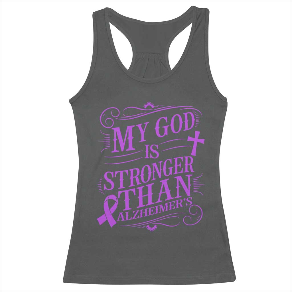 My God Is Stronger Than Alzheimers Racerback Tank Top Faith Hope Purple Ribbon Graphic