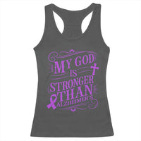 My God Is Stronger Than Alzheimers Racerback Tank Top Faith Hope Purple Ribbon Graphic