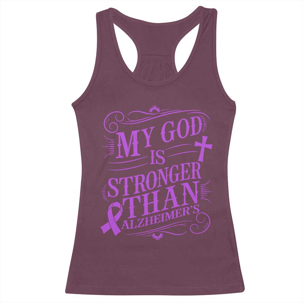 My God Is Stronger Than Alzheimers Racerback Tank Top Faith Hope Purple Ribbon Graphic