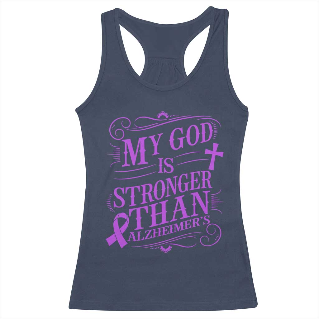 My God Is Stronger Than Alzheimers Racerback Tank Top Faith Hope Purple Ribbon Graphic