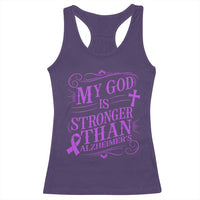 My God Is Stronger Than Alzheimers Racerback Tank Top Faith Hope Purple Ribbon Graphic