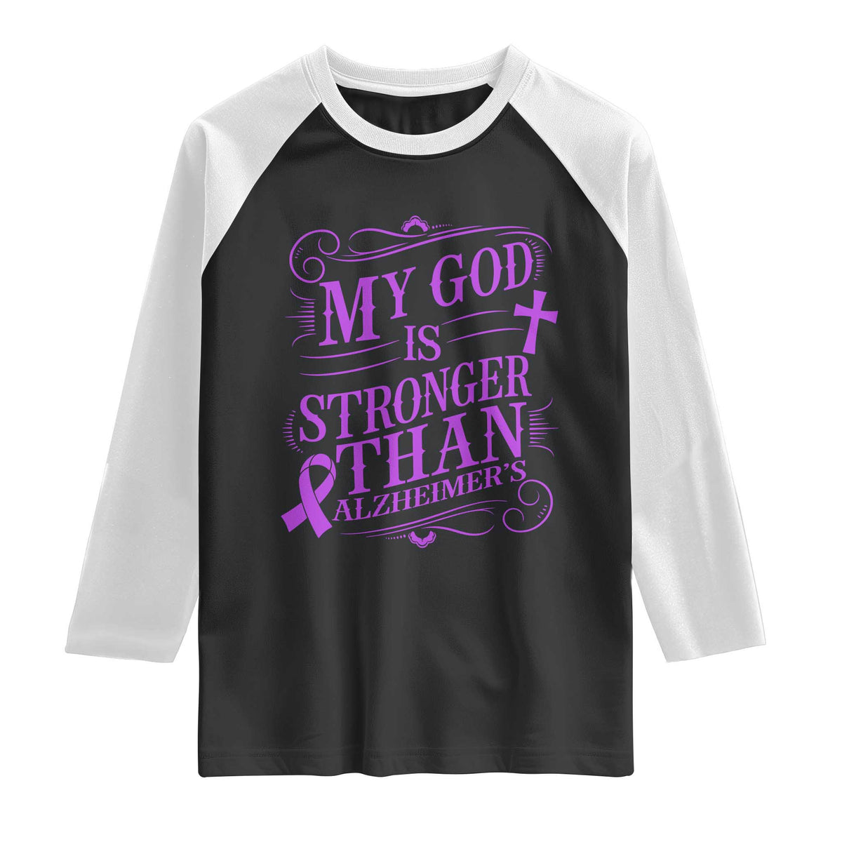 My God Is Stronger Than Alzheimers Raglan Shirt Faith Hope Purple Ribbon Graphic
