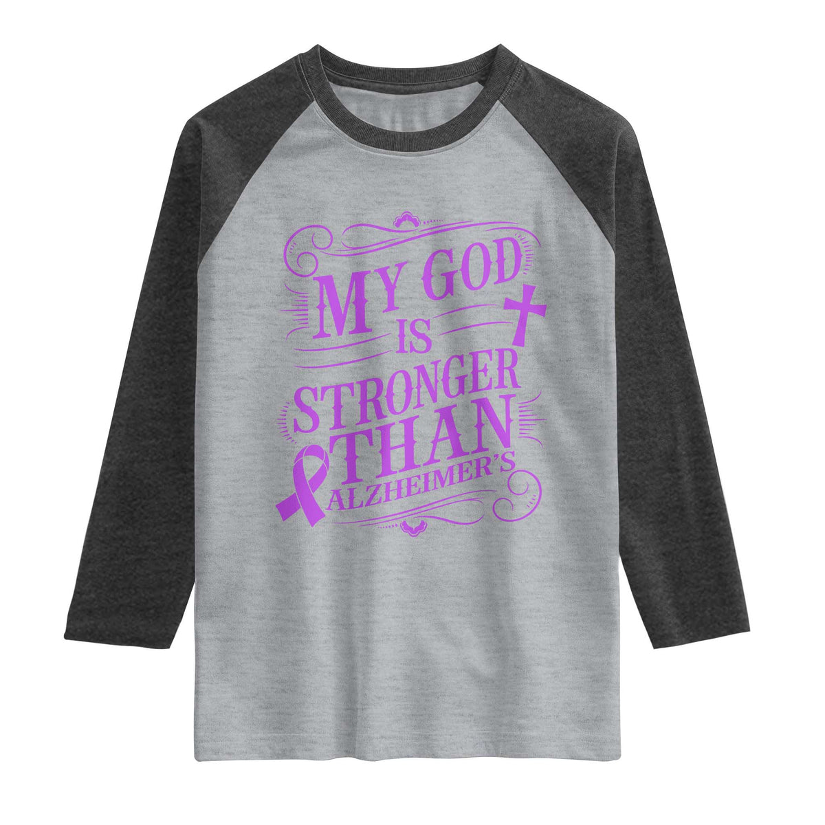 My God Is Stronger Than Alzheimers Raglan Shirt Faith Hope Purple Ribbon Graphic
